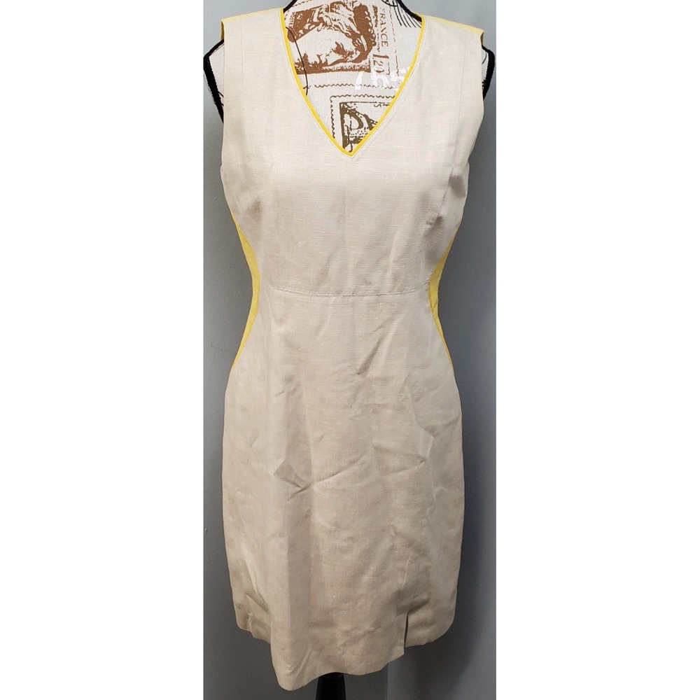 T Tahari Midi Sheath Dress Womens 6 Multi Linen Blend Sleeveless V-Neck Back Zip